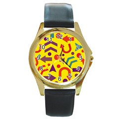 Yellow Direction Round Gold Metal Watch by Valentinaart