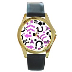 Magenta Direction Pattern Round Gold Metal Watch by Valentinaart