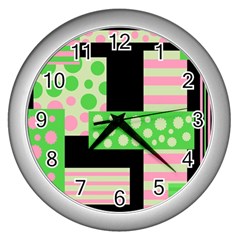 Green And Pink Collage Wall Clocks (silver)  by Valentinaart