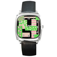 Green And Pink Collage Square Metal Watch by Valentinaart