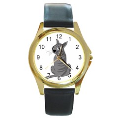 Gray Cat Round Gold Metal Watch by Valentinaart