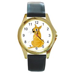 Yellow Cat Round Gold Metal Watch by Valentinaart