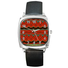 Orange Black And Blue Pattern Square Metal Watch