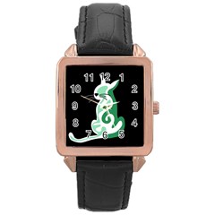 Green Abstract Cat  Rose Gold Leather Watch  by Valentinaart