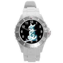 Blue abstract cat Round Plastic Sport Watch (L)