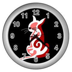 Red Abstract Cat Wall Clocks (silver)  by Valentinaart