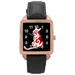 Red Abstract Cat Rose Gold Leather Watch  by Valentinaart