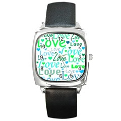 Love pattern - green and blue Square Metal Watch