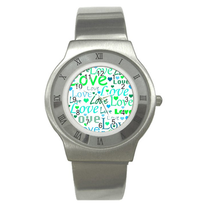 Love pattern - green and blue Stainless Steel Watch