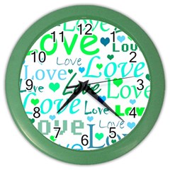 Love Pattern - Green And Blue Color Wall Clocks by Valentinaart