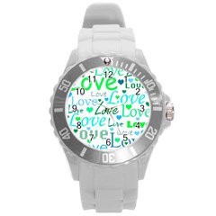 Love pattern - green and blue Round Plastic Sport Watch (L)