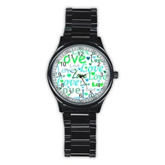 Love pattern - green and blue Stainless Steel Round Watch