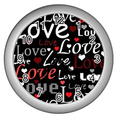 Red Love Pattern Wall Clocks (silver)  by Valentinaart