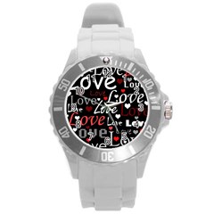 Red Love Pattern Round Plastic Sport Watch (l) by Valentinaart