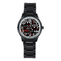 Red Love Pattern Stainless Steel Round Watch by Valentinaart