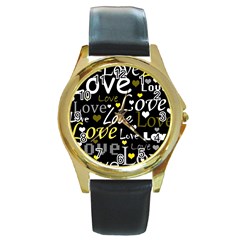 Yellow Love Pattern Round Gold Metal Watch by Valentinaart