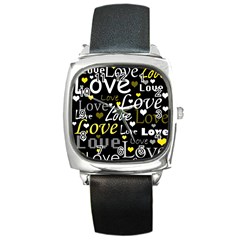 Yellow Love Pattern Square Metal Watch by Valentinaart