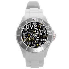 Yellow Love Pattern Round Plastic Sport Watch (l) by Valentinaart