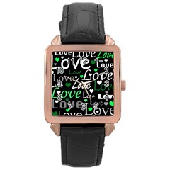 Green Valentine s Day Pattern Rose Gold Leather Watch  by Valentinaart