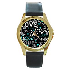 Valentine s Day Pattern - Cyan Round Gold Metal Watch by Valentinaart