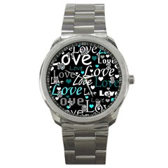 Valentine s Day Pattern - Cyan Sport Metal Watch by Valentinaart