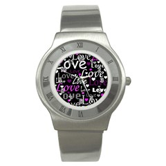 Valentine s Day Pattern - Purple Stainless Steel Watch by Valentinaart