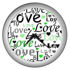 Green  Valentine s Day Pattern Wall Clocks (silver)  by Valentinaart