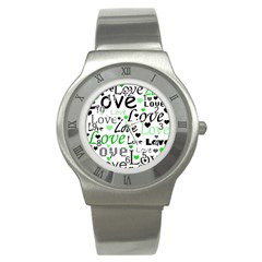 Green  Valentine s Day Pattern Stainless Steel Watch by Valentinaart