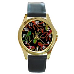 Octopuses Pattern 4 Round Gold Metal Watch by Valentinaart