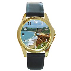 Aerial Seascape Scene Pipa Brazil Round Gold Metal Watch by dflcprints