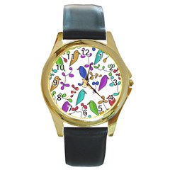 Birds And Flowers Round Gold Metal Watch