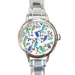 Birds And Flowers - Blue Round Italian Charm Watch