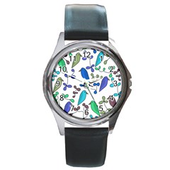 Birds And Flowers - Blue Round Metal Watch