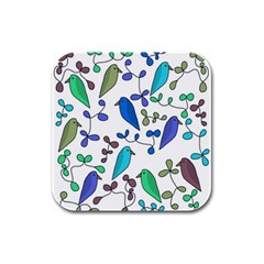 Birds And Flowers - Blue Rubber Square Coaster (4 Pack) 