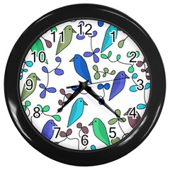 Birds And Flowers - Blue Wall Clocks (black)