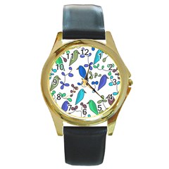 Birds And Flowers - Blue Round Gold Metal Watch