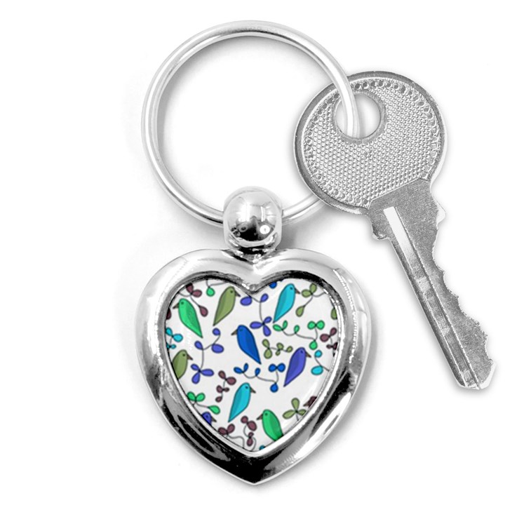 Birds and flowers - blue Key Chains (Heart) 