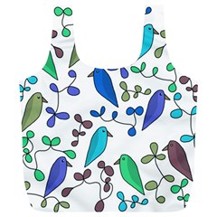 Birds And Flowers - Blue Full Print Recycle Bags (l) 