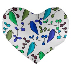 Birds And Flowers - Blue Large 19  Premium Flano Heart Shape Cushions by Valentinaart