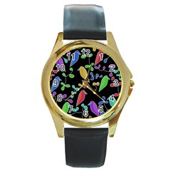 Birds And Flowers 2 Round Gold Metal Watch