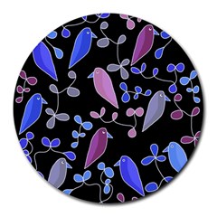 Flowers And Birds - Blue And Purple Round Mousepads by Valentinaart