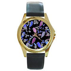 Flowers And Birds - Blue And Purple Round Gold Metal Watch by Valentinaart