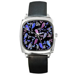 Flowers And Birds - Blue And Purple Square Metal Watch