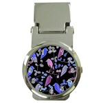 Flowers and birds - blue and purple Money Clip Watches Front