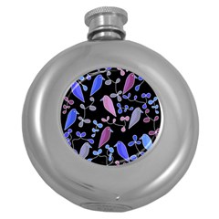 Flowers And Birds - Blue And Purple Round Hip Flask (5 Oz)