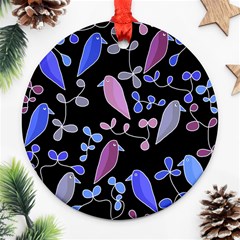 Flowers And Birds - Blue And Purple Round Ornament (two Sides) 