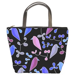 Flowers And Birds - Blue And Purple Bucket Bags by Valentinaart