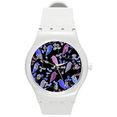 Flowers And Birds - Blue And Purple Round Plastic Sport Watch (m)