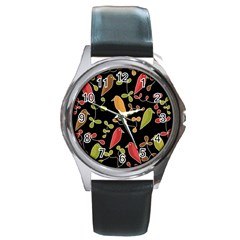 Flowers And Birds  Round Metal Watch