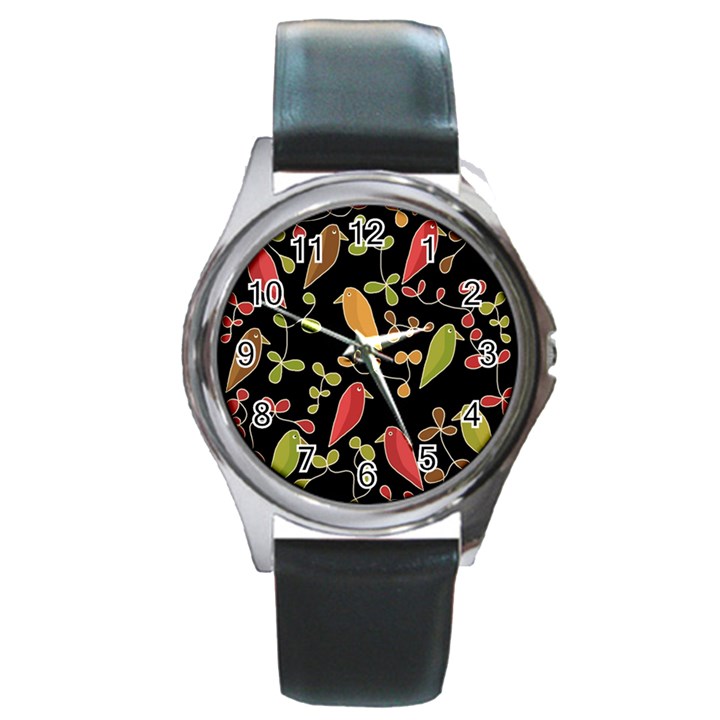 Flowers and birds  Round Metal Watch